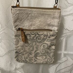Myra Hair On/Swirl Upholstery Crossbody Handbag. Southwest Boho Western Cowgirl